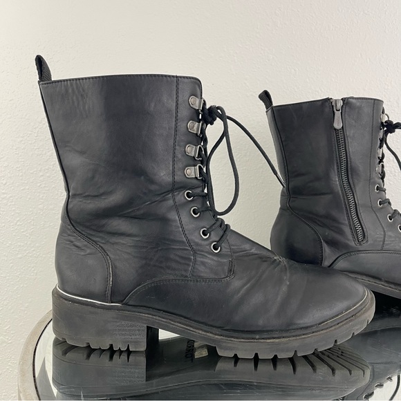 TORRID Black Dark Grey Faux Leather Metal Heel Mid Calf Lace Up Combat Boots - Picture 4 of 14